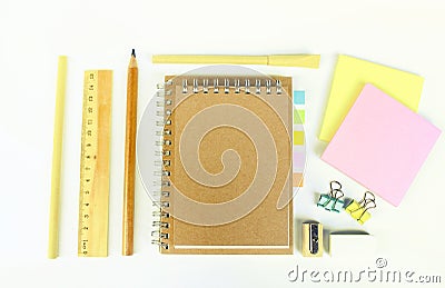 Set of wooden writing tools, pencil, pen, ruler, eraser, sharpener Stock Photo