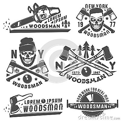 Set or woodman for t shirt and tattoo lumberjack vinage style,emblems and logo. Vector Illustration