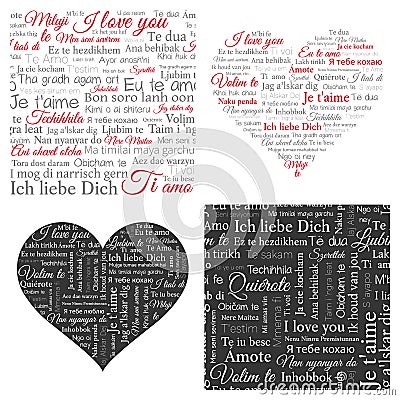 Set of word cloud hearts and seamless backgrounds. Phrase I love you in many languages. Vector Illustration