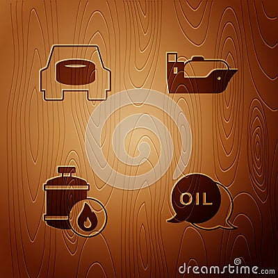 Set Word oil, Spare wheel in the car, Propane gas tank and Oil tanker ship on wooden background. Vector Stock Photo