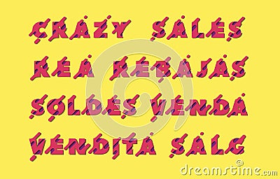 A set of words `sales`, `rea`, `rebajas`, `soldes`, `venda`, `vendita`, `salg` in the original font in the paper cut style for ads Stock Photo