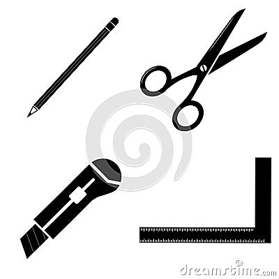 Set of work icons. Pencil, scissors, knife stationery, ruler tool Vector Illustration