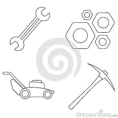 Set of work icons. Spanner, nut tools, lawn mower mashine, mining pickaxe Vector Illustration