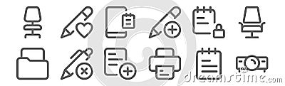 Set of 12 work office icons. outline thin line icons such as projector, printer, pen, notebook, notes, pencil Vector Illustration