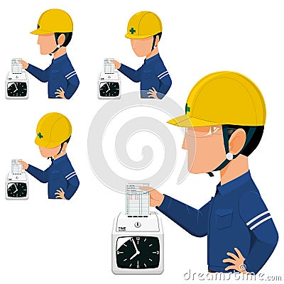 Set of worker is checking in with the dial time recorder in the morning Vector Illustration