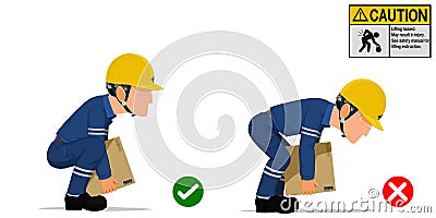 Set of worker is lifting the carton with the right and wrong method Vector Illustration