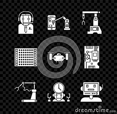 Set Worker robot, Industrial machine robotic arm hand, Assembly line, factory, Robot digital time manager, Printed Vector Illustration