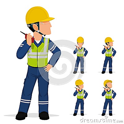 Set of worker is talking with the walkie-talkie Vector Illustration