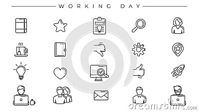Working Day concept line style vector icons set Vector Illustration