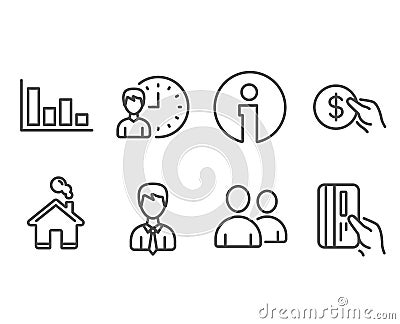 Working hours, Histogram and Payment icons. Businessman, Users and Payment card signs. Vector Illustration