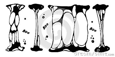 A set for working with stains, slime. Doodle-style painted elements. Slime in the shape of a skull and Boo inscriptions Vector Illustration