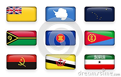 Set of world flags rectangle buttons Niue . Antarctica . Alaska . Vanuatu . ASEAN . Eritrea . Angola . Brunei Darussalam . Somal Vector Illustration