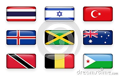 Set of world flags rectangle buttons Thailand . Israel . Turkey . Iceland . Jamaica . Australia . Trinidad and tobago . Belgium Vector Illustration