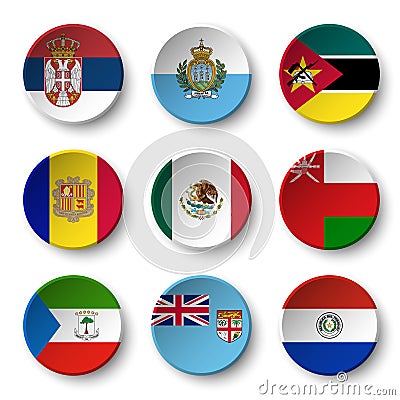 Set of world flags round badges Vector Illustration