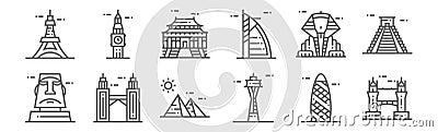 Set of 12 world landmarks icons. outline thin line icons such as tower bridge, space needle, petronas twin tower, great sphinx of Vector Illustration