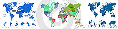 Set World Map Earth Planet, colourful world countries and country names, division into countries, continents of the planet Vector Illustration