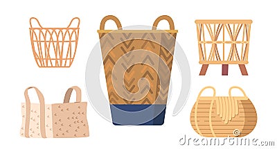 Set of Woven Baskets, Wicker Containers Made Of Natural Materials Such As Rattan, Reed Or Bamboo, Used For Storage Vector Illustration