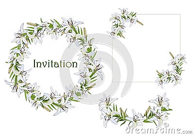 Set of wreath, semicircles and corner elements for greetings, invitations with white lily flowers Stock Photo