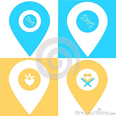 Set of wrench, food, book store location map pin icon. Element of map point for mobile concept and web apps. Icon for website desi Vector Illustration