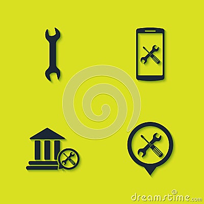 Set Wrench, Location service, Bank building and Smartphone icon. Vector Vector Illustration