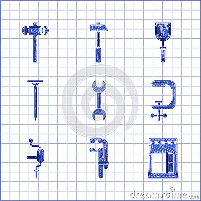 Set Wrench spanner, Clamp tool, Cement bag, and screw, Hand drill, Metallic nail, Putty knife and Sledgehammer icon Vector Illustration