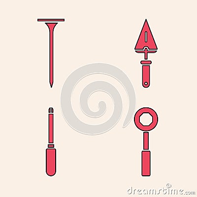 Set Wrench spanner, Metallic nail, Trowel and Screwdriver icon. Vector Vector Illustration