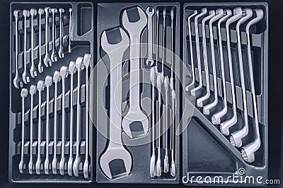 Set of Wrenches inside Toolbox, Keys and Spanners, Box with Set of Tools, Set Mechanical Tools Stock Photo