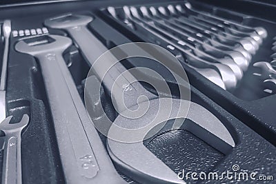 Set of Wrenches inside Toolbox, Keys and Spanners, Box with Set of Tools, Set Mechanical Tools Stock Photo