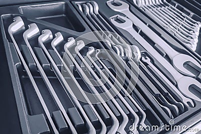 Set of Wrenches inside Toolbox, Keys and Spanners, Box with Set of Tools, Set Mechanical Tools Stock Photo