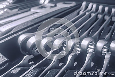 Set of Wrenches inside Toolbox, Keys and Spanners, Box with Set of Tools, Set Mechanical Tools Stock Photo