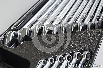 Set of Wrenches inside Toolbox, Keys and Spanners, Box with Set of Tools, Set Mechanical Tools. Stock Photo