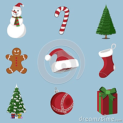 Set of 9 XMas icon. Cartoon style. Vector Illustration for Chris Vector Illustration