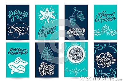 Set of xmas scandinavian greeting cards with merry Christmas calligraphy lettering text phrases. Hand drawn vector Vector Illustration