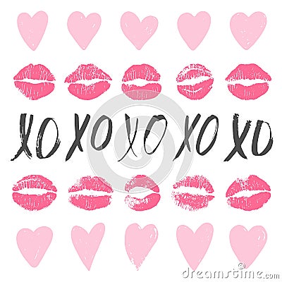 Set of XOXO phrase, lip imprints, hearts Vector Illustration