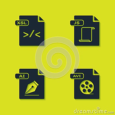Set XSL file document, AVI, AI and JS icon. Vector Vector Illustration