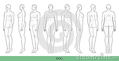 Set of XXXL Women Fashion template 9 nine head size Croquis over size Lady model Curvy body figure front, side, 3-4 Vector Illustration