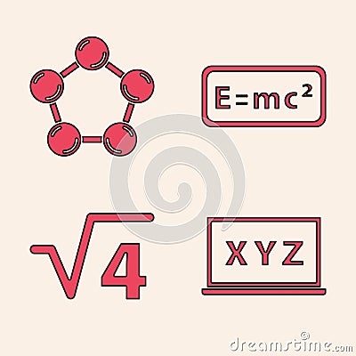 Set XYZ Coordinate system, Molecule, Equation solution and Square root of 4 glyph icon. Vector Vector Illustration
