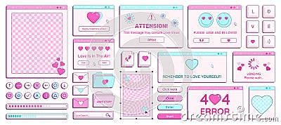 Set of Y2K Valentine Day retro computer windows, buttons, messages and other romantic interface elements Vector Illustration