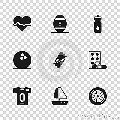 Set Yacht sailboat, Sports doping with dumbbell, Car wheel, Flippers for swimming, Fitness shaker, Heart rate, American Vector Illustration