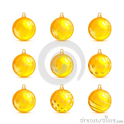 Set of yellow Christmas balls with golden pattern Vector Illustration