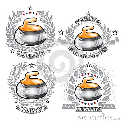 Set of yellow curling stones in center of silver wreathes. Sport logo for any curling game Vector Illustration