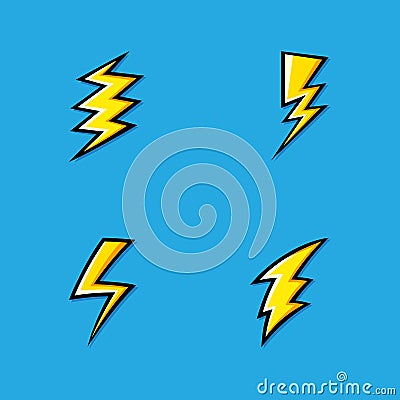 Set of Yellow Electric Lightning Bolt icons with shading effects on blue background. Vector Illustration