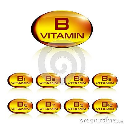 Set of yellow gelatin capsule vitamin b Vector Illustration