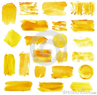 Set of yellow gold watercolor brushes, backgrounds with texture, strokes with splatters and blots isolated Stock Photo