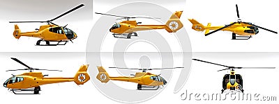 Set yellow helicopter isolated on the white background. 3d rendering. Stock Photo