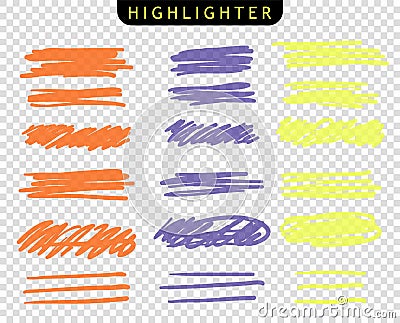 Set of yellow, orange, purple, strokes line markers. Vector highlight brush lines. Hand drawing sketch underlined, stripes. Vector Illustration