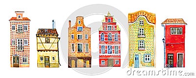 Set of yellow and red old stone europe houses in a row. Hand drawn cartoon watercolor illustration Cartoon Illustration