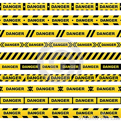 Set of yellow ribbons with black lettering danger skull and stripes indicating dangerous place on a white background. Safety polic Vector Illustration