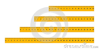 Set of yellow rulers with a black scale and numbers of different sizes. Measuring tool for artistic design. Graphic element of Cartoon Illustration