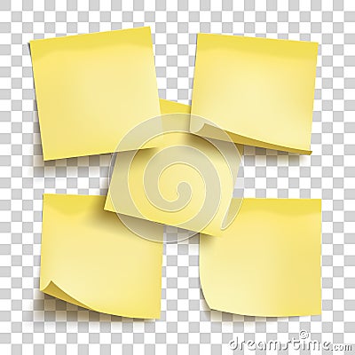 Set of yellow sheets of note papers. Five sticky notes. Template for design. Yellow note with place for you text over transparent Vector Illustration